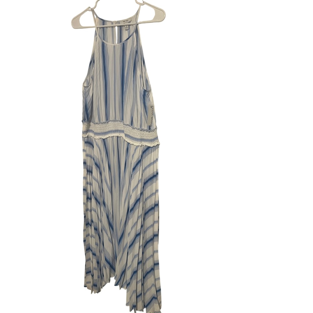Nine West Blue White Striped Pleated Halter Midi Dress XL NWT Handkerchief Hem
